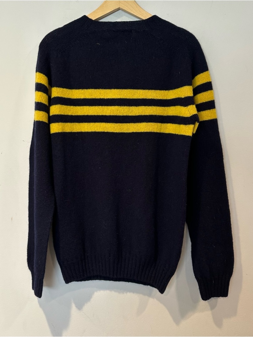 Harley of Scotland Wool Navy Sweater with Yellow Stripes - Picture 3 of 6